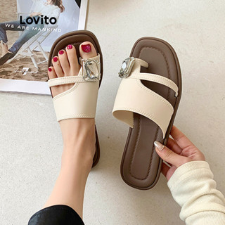 Lovito 休閒素色簡約外套鑽石沙灘拖鞋時尚平底涼鞋女士 LFA77221