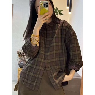 複古格子棉襯衫女長袖外套2024款秋季寬鬆韓版襯衣慵懶上衣