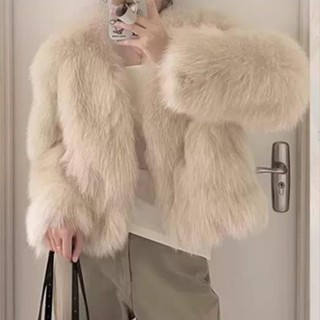 2024新款小香風韆金杏色狐狸毛毛外套女秋冬皮毛一體環保皮草大衣