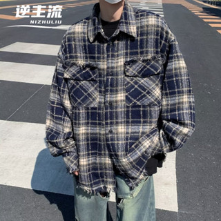 現貨特價 美式復古格子毛呢襯衫 日系潮流百搭格子夾克 男秋冬格紋外套 港風休閒情侶夾克 毛邊加厚毛呢格子襯衣