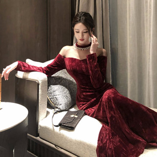 新款女裝優雅長款禮服手工釘鑽修身聚會晚禮服