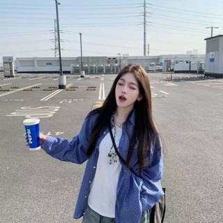 愛依依 長袖襯衫 格子襯衫 襯衣 S-2XL新款寬鬆慵懶風藍色格子翻領襯衫-3648.