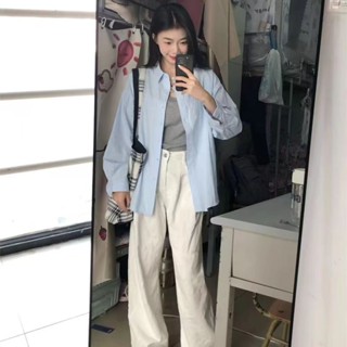 [現貨]【8027人收藏】Chisportate 韓版藍色POLO長袖襯衫外套ins秋夏寬鬆休閒小外套襯衫1 學校周邊