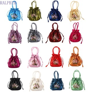 RALPHIH漢服抽繩袋,緞面絲綢媽咪包刺繡花朵手提包,優雅午餐袋民族風格儲物袋小錢包錢包購物