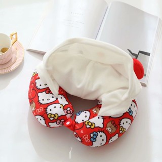 【KT貓周邊裝飾】新款ins卡通連帽u型枕HelloKitty貓上班族便攜護頸枕u型枕帶帽子