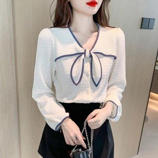 早秋季V領長袖襯衫女春秋裝2025新款百搭顯瘦洋氣女士蝴蝶結上衣20250508