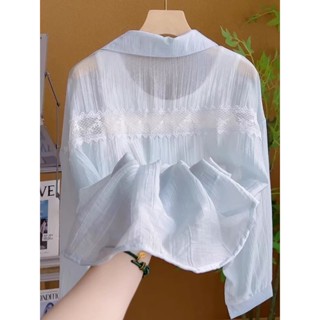 【店鋪熱銷】藍色Polo領薄款防曬襯衫女夏季新款蕾絲拼接輕薄透氣小外套襯衫外套2025.5.12