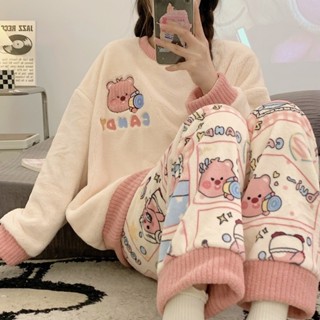 刷毛寬鬆睡衣女韓版可愛[D1123]睡衣女秋冬季法蘭絨加厚加絨保暖甜美可愛可外穿家居服珊瑚絨套裝