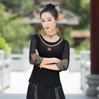 實拍早秋新款民族風圓領繡花莫代爾網紗袖修身顯瘦七分袖T恤上衣