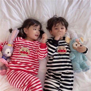 Smile Kids 兒童睡衣 秋冬款 臺灣出貨 兒童睡衣套裝女秋冬法蘭絨加厚男童卡通冬季珊瑚絨條紋家居服