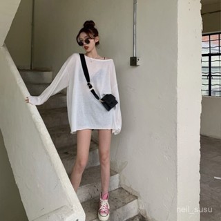 P3-【限時特賣】 長袖上衣 長袖T恤 辣妹上衣 女生上衣 防曬衣女學生韓版寬鬆夏季網紅冰絲鏤空中長款白色長袖T恤上衣i
