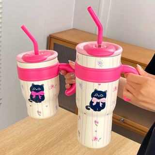 700ML/1.2L 帶手柄蓋子吸管可愛貓咪保溫杯不銹鋼水瓶戶外旅行車載咖啡杯禮品