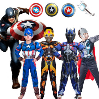 MARVEL 漫威超級英雄變形金剛擎天柱大黃蜂美國隊長雷神服裝兒童男孩普珥節肌肉連身衣面具盾牌萬聖節書週服裝套裝