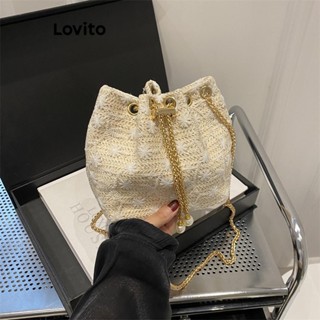 Lovito 休閒草編水桶包刺繡金屬拉出式小號女士斜揹包 LFA69261