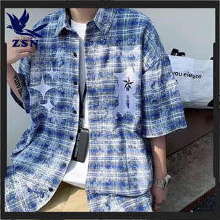 ★yirene★高街格子襯衫男2025新款美式潮牌衣服男士襯衣外套男生