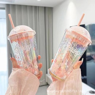 炫彩櫻花星球玻璃杯辦公室吸管杯奶茶杯便攜果茶隨手杯子廠家批發