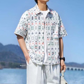 男士夏季碎花短袖襯衫復古文藝情侶款夏威夷風寬鬆休閒印花花襯衣
