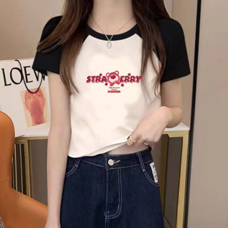 愛依依 字母印花上衣 短袖T恤 短版上衣 小衫S-2XL夏季美式復古撞色插肩短袖t恤-4450.