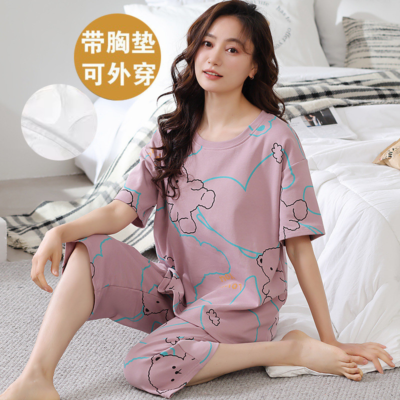 胸墊睡衣短袖胸墊睡衣睡衣帶胸墊時尚甜美女生睡衣大尺碼家居服睡衣女士短袖帶胸墊睡衣休閒爆款家居服 1YA1