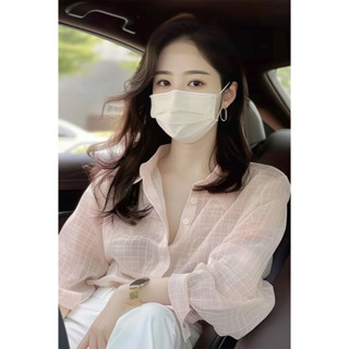 現貨速發#韓版上有 女生著裝蜜桃粉色格子襯衫女小個子2025新款高階感絕美冰絲防曬衫長袖上衣