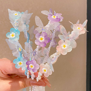 現貨ღ唯美花環ღ [甜美飄帶]兒童花環飄帶編髮頭箍女童2025新款蝴蝶髮箍女孩漢服 甜美珍珠髮箍