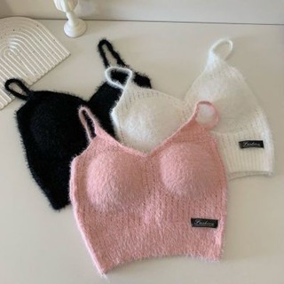 秋季 免穿內衣 小可愛 軟糯 內搭 針織 小吊帶 背心 女 帶胸墊 甜辣妹 短款 裹胸 上衣 打底 絨毛 毛絨 保暖