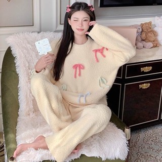 【有幸時光】春秋冬季睡衣 加厚珊瑚絨睡衣 甜美可愛少女圓領蝴蝶結睡衣 新款睡衣女 家居服 睡衣套裝 半邊絨睡衣 長袖睡衣