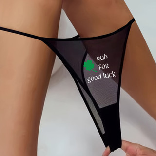 “GOOD Luck”白色字母組合四葉草印花網眼丁字褲一字透氣舒適彈力性感內褲n112+r