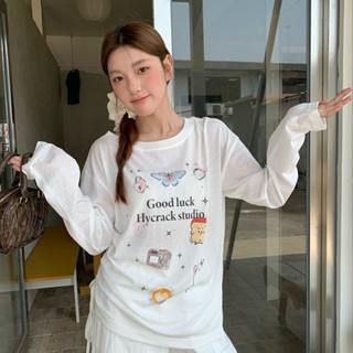 Sunscreen cover shirt 韓系趣味蝴蝶印花長袖斜肩T恤女寬鬆防曬罩衫慵懶風薄款微透上衣 cheng