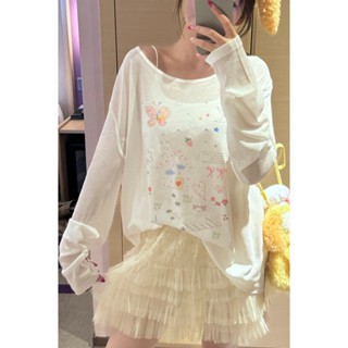 Sunscreen cover shirt 設計可愛卡通印花長袖T恤慵懶防曬寬鬆休閒薄款罩衫上衣 cheng71.m