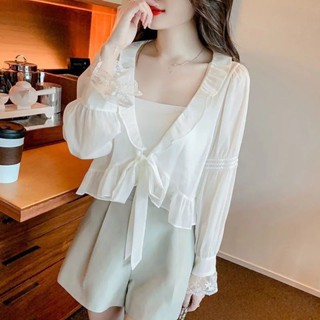 Chic☀【1317人收藏】荷葉邊防曬小外套女2025夏季新款寬鬆甜美百搭洋氣外穿長袖抽繩上衣 雪紡衫 罩衫 防嗮衣 女