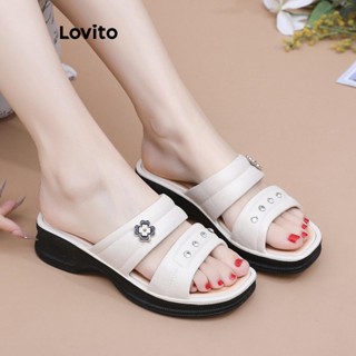 Lovito 女士休閒平底坡跟拖鞋時尚花朵防水沙灘舒適平底涼鞋 LFA73218