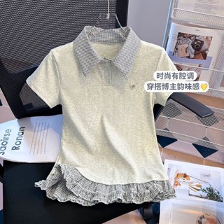 大尺碼學院風格子拼接短袖T恤女夏季2025年新款寬鬆顯瘦收腰上衣女女生衣著現貨熱賣