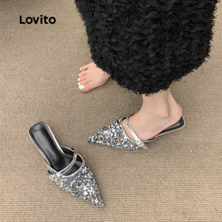 lovito 性感素色亮片金屬扣低跟尖頭半披肩高跟鞋，自字母印花大方，適合女士 lfa80023