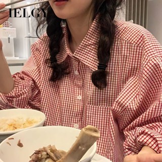 IELGY 可愛polo領格子長袖襯衫女韓版寬鬆百搭學院風上衣
