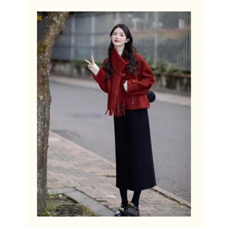 獨特超好看新年紅色毛呢外套女2024年秋季新款韓係一整套初冬穿搭