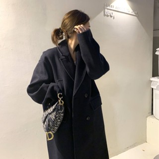 韓國chic 冬季法式高階感西裝領口袋雙排扣寬鬆毛呢子大衣外套
