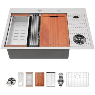 33 英寸嵌入式廚房水槽工作站，帶玻璃衝洗器 33X22 嵌入式廚房水槽不銹鋼工作站水槽 16 Ga
