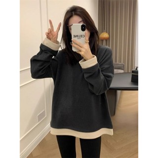 M-5XL 大尺碼撞色德絨打底衫女秋冬季新款胖mm寬松顯瘦長袖保暖上衣
