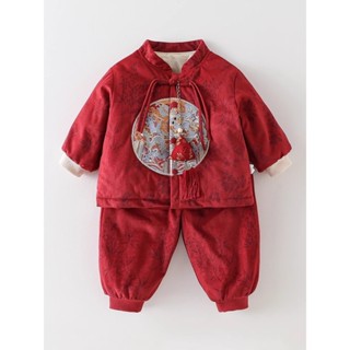 【臺灣出貨】免運寶寶冬季紅色喜慶嬰兒新中式抓週服週歲禮服繡花加絨套裝一整套