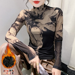 加絨加厚新款高領長袖網紗定位印花T恤女時尚修身打底衫潮