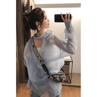 現貨速發#韓版上有 女生著裝防曬雪紡衫女夏季新款韓版寬鬆露背中長款小外套襯衫外套長袖上衣