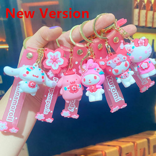 櫻花三麗鷗公仔鑰匙扣粉色 Hello Kitty Melody Kuromi 模型 PVC 玩具 Kt Cat 收藏品