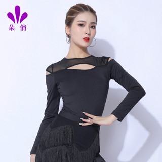 拉丁舞上衣女摩登舞上衣舞蹈練習服交誼舞上衣[S505]朵俏新款短袖拉丁舞上衣女修身舞蹈服拚接網紗