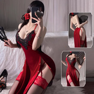 【柔夢閣】紅色情趣內衣 旗袍性感製服女人味 成人趣味睡衣女床上挑逗性感誘惑 絲絨性感玫瑰套裝 透視蕾絲開叉旗袍製服睡裙