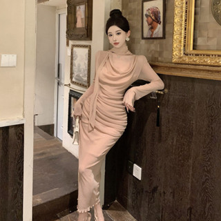 <性感小姐姐>新品現貨 大尺碼推薦 時尚顯瘦 微胖mm氣質時尚閃閃蝴蝶結抽繩蕩領收腰顯瘦緊身禮服洋裝女裝