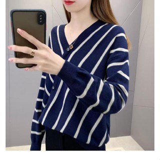 條紋針織衫女長袖外穿寬鬆上衣2024秋季新款T恤v領套頭洋氣打底… HMSA