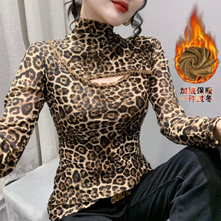 加絨加厚新款高領長袖拚接手工訂鑽網紗T恤女修身打底衫潮