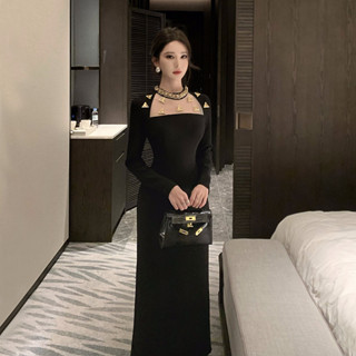 名媛女裝手工訂鑽修身長款生日聚會禮服連衣裙