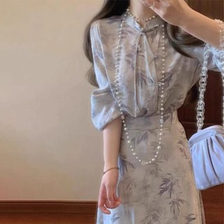 [lucky女裝][店鋪熱銷]開春穿搭套裝裙子女大碼胖mm新中式國風水墨印花旂袍連衣裙兩件套